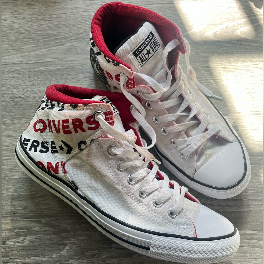 Converse High-Top Sneakers in White and Red